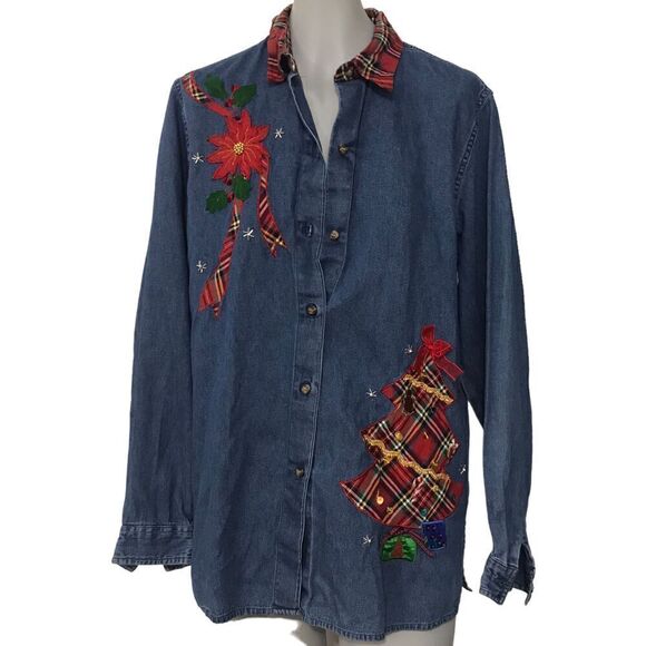 Vintage Christmas Shirt Blouse Denim tacky size small medium - Picture 9 of 14